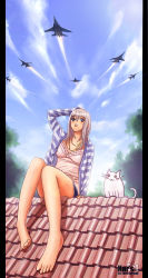 Rule 34 | 1girl, aircraft, airplane, bad anatomy, bad feet, barefoot, blue eyes, blue sky, cat, cloud, day, feet, fighter jet, hand on own head, jet, karanak, legs, looking up, military, military vehicle, original, pillarboxed, poorly drawn, rooftop, sitting, sky, solo, toes