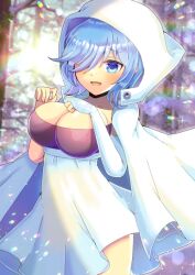 Rule 34 | 1girl, :d, blue eyes, blue hair, blurry, blurry background, breasts, bridal gauntlets, cleavage, cloak, commentary request, commission, copyright request, depth of field, hair over one eye, high-waist skirt, hood, hood up, hooded cloak, kou hiyoyo, large breasts, open mouth, outdoors, skeb commission, skirt, smile, solo, tree, white cloak, white skirt