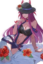 Rule 34 | 1girl, bare shoulders, black hat, breasts, cleavage, commentary request, fire emblem, fire emblem engage, fire emblem heroes, flower, hand up, hat, hat flower, highres, ivy (fire emblem), ivy (summer) (fire emblem), long hair, looking at viewer, mole, navel, nintendo, official alternate costume, open mouth, purple eyes, purple hair, red flower, solo, stomach, very long hair, white background, yuurururun