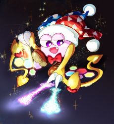 Rule 34 | 1boy, bow, bowtie, claws, commentary request, dark background, fangs, flying, glowing, gradient background, hallons kabo, hat, heart, hexagon, highres, jester cap, kirby (series), magic, male focus, marx (kirby), nintendo, no humans, open mouth, purple eyes, red bow, red bowtie, scales, smile, solo, sparkle, wings, yellow wings