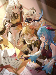 Rule 34 | 1boy, 3girls, @ @, aether (genshin impact), ahoge, bare shoulders, bell, black gloves, blonde hair, blue hair, blush, bodystocking, breasts, china dress, chinese clothes, desk, detached sleeves, dress, elbow gloves, fur collar, ganyu (genshin impact), genshin impact, gloves, hair ornament, hairpin, halo, highres, horns, large breasts, long hair, multiple girls, ningguang (genshin impact), paimon (genshin impact), paper, parted bangs, purple eyes, red eyes, salmon88, scroll, sidelocks, smile, tassel, two-tone dress, white dress, white hair, yellow dress, yellow eyes