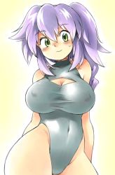 Rule 34 | 1girl, blush, borrowed character, breasts, cleavage, cleavage cutout, clothing cutout, contrapposto, covered navel, covered erect nipples, green eyes, large breasts, leotard, long hair, navel, original, oyatsu (mk2), purple eyes, purple hair, shirt, side ponytail, solo, standing, sweatdrop, swimsuit, taut clothes, taut shirt, umizakura tachimi, wide hips