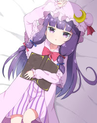 Rule 34 | 1girl, bed sheet, blue bow, blush, book, bow, crescent, crescent hat ornament, crys (dai), dress, frilled sleeves, frills, hair bow, hat, hat ornament, highres, long hair, long sleeves, looking at viewer, lying, mob cap, on back, open mouth, patchouli knowledge, purple dress, purple eyes, purple hair, purple hat, red bow, solo, striped clothes, striped dress, touhou, vertical-striped clothes, vertical-striped dress