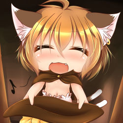 Rule 34 | 1girl, animal ears, blush, chen, child, costume, deformed, earrings, closed eyes, fang, female focus, flat chest, halloween, holding, jewelry, kurumai, multiple tails, musical note, navel, open mouth, short hair, solo, tail, team shanghai alice, touhou