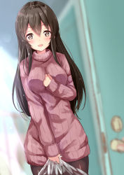 Rule 34 | 10s, 1girl, :d, akagi (kancolle), alternate costume, black legwear, blurry, blurry background, breasts, brown eyes, brown hair, hair between eyes, holding, kantai collection, long hair, long sleeves, medium breasts, open mouth, pink sweater, ribbed sweater, smile, solo, sweater, turtleneck, turtleneck sweater, yukishiro arte