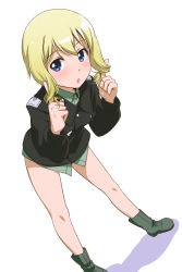 Rule 34 | 1girl, :o, blonde hair, blush, boots, erica hartmann, full body, twirling hair, leaning forward, no pants, open mouth, short hair, sidelocks, simple background, solo, strike witches, uniform, white background, world witches series, youkan