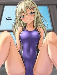 Rule 34 | 1girl, black one-piece swimsuit, blonde hair, blush, bow, competition swimsuit, covered navel, dated, grecale (kancolle), green eyes, highres, impossible clothes, impossible swimsuit, kantai collection, long hair, looking at viewer, montemasa, one-hour drawing challenge, one-piece swimsuit, purple one-piece swimsuit, rei no pool, smile, solo, swimsuit, twitter username, two-tone swimsuit, wet, wet clothes, wet swimsuit