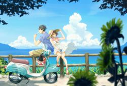 Rule 34 | 1boy, 1girl, :&gt;, absurdres, black hair, blue shirt, blurry, brown eyes, brown hair, brown shorts, chama kou, closed mouth, cloud, collarbone, day, depth of field, dress, eating, flower, food, grass, hand on headwear, hat, helmet, highres, holding, motor vehicle, original, outdoors, path, popsicle, profile, railing, red footwear, road, rock, sailor dress, scooter, shirt, shoes, shorts, sitting, sky, sleeveless, sleeveless dress, smile, sun hat, sunflower, vespa, water, white dress, white shirt, wind