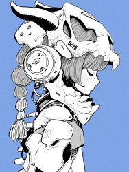 Rule 34 | 1girl, acky bright, blue background, braid, closed eyes, fangs, freckles, french braid, headgear, highres, horns, mecha musume, monochrome, numbered, original, profile, simple background, skull, spine, teeth, wiring