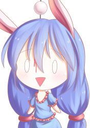 Rule 34 | 0 0, 1girl, absurdres, animal ears, blood, blue hair, dango, dior-zi, food, highres, long hair, rabbit ears, seiran (touhou), simple background, skewer, solo, stab, touhou, triangle mouth, wagashi