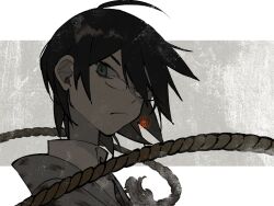 Rule 34 | 1boy, ahoge, black hair, closed mouth, green eyes, hair between eyes, hair over one eye, highres, itoshiki nozomu, japanese clothes, looking at viewer, male focus, migato, rope, sayonara zetsubou sensei, signature, simple background, solo, two-tone background, upper body
