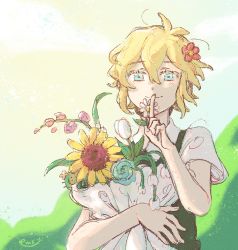 Rule 34 | 1boy, basil (faraway) (omori), basil (omori), blonde hair, blue eyes, blush, bouquet, cactus, closed mouth, collared shirt, emily shaw, finger to mouth, flower, gladiolus, green sweater vest, hair flower, hair ornament, highres, holding, holding bouquet, index finger raised, lily of the valley, looking at viewer, omori, rose, shirt, short hair, short sleeves, smile, solo, sunflower, sweater vest, tulip, upper body, white shirt