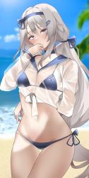 Rule 34 | 1girl, 9a-91 (girls&#039; frontline), absurdres, alternate costume, arm behind back, beach, bikini, blue bikini, blue choker, blue eyes, blue hairband, blue ribbon, blush, breasts, choker, collarbone, covering own mouth, feet out of frame, fte (fifteen 199), girls&#039; frontline, grey hair, hair ornament, hair ribbon, hairband, hairclip, highres, long hair, looking at viewer, medium breasts, navel, ocean, ponytail, ribbon, solo, standing, swimsuit