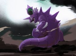 Rule 34 | black eyes, claws, commentary request, creatures (company), from behind, full body, game freak, gen 1 pokemon, highres, looking to the side, nidoking, nintendo, no humans, open mouth, pokemon, pokemon (creature), sharp teeth, standing, teeth, uninori