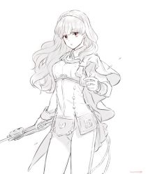 Rule 34 | 1girl, aiguillette, arm at side, cape, celica (fire emblem), cowboy shot, earrings, fire emblem, fire emblem echoes: shadows of valentia, futabaaf, gloves, hairband, holding, holding sword, holding weapon, jewelry, long hair, long sleeves, looking at viewer, nintendo, pants, red eyes, simple background, solo, spot color, sword, tassel, weapon, white background
