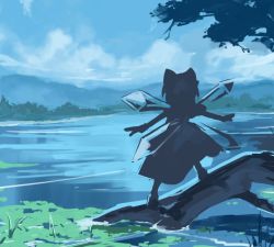 Rule 34 | 1girl, bow, cirno, cloud, day, from behind, hair bow, ice, ice wings, lake, outstretched arms, shishamo@, silhouette, sky, solo, spread arms, standing, touhou, water, wings