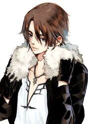 Rule 34 | 1boy, black gloves, black jacket, blue eyes, brown hair, collarbone, final fantasy, final fantasy viii, fur-trimmed jacket, fur trim, gloves, hands up, jacket, jewelry, light frown, long sleeves, male focus, necklace, nini tw99, open clothes, open jacket, petting, scar, scar on face, scar on forehead, serious, shirt, short hair, simple background, solo, squall leonhart, v-neck, white background, white fur, white shirt
