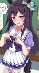 Rule 34 | 1girl, anger vein, animal ears, black hair, collarbone, commentary request, crouching start, hair between eyes, hair ornament, hairclip, heart, heart hands, highres, horse ears, horse girl, horse tail, looking at viewer, mejiro dober (umamusume), open mouth, purple eyes, purple hair, ribbon, school uniform, solo, tail, translation request, umamusume
