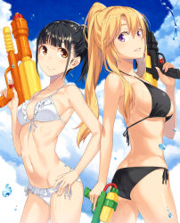 Rule 34 | 2girls, arm at side, ass, bad id, bad pixiv id, bare arms, bare shoulders, bikini, black bikini, blue sky, blunt bangs, breasts, brown eyes, butt crack, closed mouth, cloud, collarbone, cowboy shot, day, dual wielding, finger on trigger, fingernails, frilled bikini, frills, front-tie bikini top, front-tie top, groin, hair between eyes, halterneck, hand on own hip, high ponytail, holding, kimura (ykimu), large breasts, lips, long fingernails, long hair, looking at another, looking at viewer, medium breasts, multiple girls, navel, original, outdoors, parted lips, ponytail, purple eyes, short ponytail, side-tie bikini bottom, sideboob, sidelocks, sky, smile, stomach, string bikini, swimsuit, underboob, water, water drop, water gun, wet, wet hair, white bikini