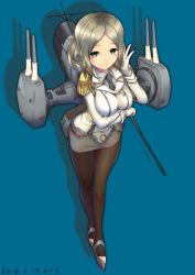 Rule 34 | 1girl, anti-aircraft, anti-aircraft gun, artist name, bag, black necktie, blue background, brown hair, buttons, cannon, collared shirt, dated, double-breasted, epaulettes, folded ponytail, gloves, green eyes, grey shirt, grey skirt, high heels, jacket, kantai collection, katori (kancolle), light brown hair, looking at viewer, machinery, military, military uniform, miniskirt, moke ro, necktie, pantyhose, pencil skirt, pointer, riding crop, rigging, shadow, shirt, skirt, smile, solo, turret, uniform, white gloves