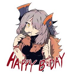 Rule 34 | 1girl, axe, axehorn (ssambatea), borrowed character, ddari, eating, english text, grey hair, hair over one eye, happy birthday, highres, holding, looking at viewer, one eye covered, original, pelt, simple background, solo, tears, white background, yellow eyes