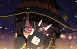 Rule 34 | 1girl, black gloves, brown hair, cape, commentary request, embers, fingerless gloves, gloves, hand over eye, hand up, hat, highres, izawa (bhive003), kono subarashii sekai ni shukufuku wo!, looking at viewer, megumin, no eyepatch, red eyes, short hair, solo, witch hat