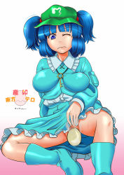 Rule 34 | 1girl, bad id, bad pixiv id, blue eyes, blue hair, boots, breasts, breasts apart, censored, dokuwo, egg, egg laying, female focus, hair bobbles, hair ornament, hat, highres, impossible clothes, impossible shirt, kawashiro nitori, key, large breasts, matching hair/eyes, one eye closed, shirt, short hair, solo, touhou, twintails, two side up, wink