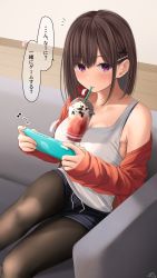 Rule 34 | +++, 1girl, bad id, bad pixiv id, black pantyhose, blue shorts, breasts, brown hair, childhood friend-chan (ramchi), cup, disposable cup, drinking straw, highres, large breasts, long sleeves, object on breast, open clothes, open shirt, orange shirt, original, pantyhose, purple eyes, ramchi, shirt, short shorts, shorts, sitting, sleeveless, sleeveless shirt, solo, speech bubble, translated, white shirt