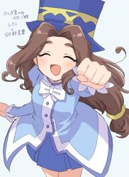 Rule 34 | 1girl, blue jacket, blue skirt, blush, bow, bowtie, breasts, brown hair, character name, clenched hand, closed mouth, cosplay, cowboy shot, dot nose, fushigiboshi no futago hime, hair tie, hand up, hat, highres, idolmaster, idolmaster cinderella girls, idolmaster cinderella girls starlight stage, jacket, kahiika, kusakabe wakaba, blue background, long hair, long sleeves, open mouth, pleated skirt, rein (futagohime), rein (futagohime) (cosplay), simple background, skirt, small breasts, smile, solo, standing, thick eyebrows, twintails, wavy hair, white bow, white bowtie