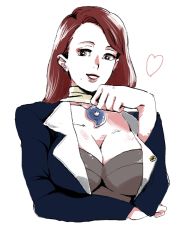 Rule 34 | 1girl, mia fey, breasts, brown eyes, brown hair, capcom, cleavage, ace attorney, heart, large breasts, magatama, mole, smile