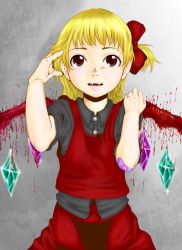 Rule 34 | 1girl, bad id, bad pixiv id, bandaid, blonde hair, flandre scarlet, grey background, highres, md5 mismatch, parted lips, resolution mismatch, ribbon, self-upload, solo, touhou, vampire