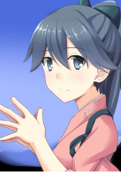 Rule 34 | 10s, 1girl, anchor symbol, blue eyes, blue hair, from side, hair ribbon, high ponytail, houshou (kancolle), japanese clothes, kantai collection, kimono, long hair, looking at viewer, matching hair/eyes, own hands together, ribbon, smile, solo, taira yuuki, upper body