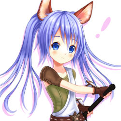 Rule 34 | !, 1girl, animal ears, blue eyes, blue hair, blush, elin, fighting stance, long hair, looking at viewer, matching hair/eyes, ready to draw, setona (daice), solo, tera online, twintails