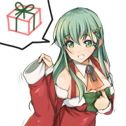Rule 34 | 1girl, aqua hair, ascot, christmas stocking, cowboy shot, dress, fur-trimmed dress, fur trim, green eyes, grin, hair ornament, hairclip, highres, kantai collection, long hair, looking at viewer, official alternate costume, orange ascot, red dress, santa dress, simple background, smile, solo, speech bubble, suzuya (kancolle), upper body, white background, yashin (yasinz)