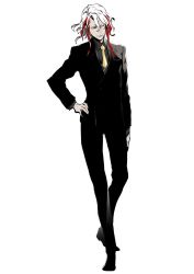 Rule 34 | 1boy, alternate costume, black shirt, blouse, collared shirt, closed eyes, fate/grand order, fate (series), formal, full body, hair between eyes, hand on own hip, highres, male focus, miwa shirow, multicolored hair, necktie, odysseus (fate), red hair, shirt, solo, standing, streaked hair, suit, white hair, yellow necktie