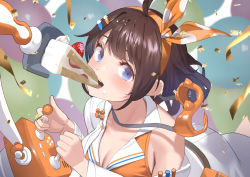Rule 34 | 1girl, balloon, blue eyes, blush, breasts, brown hair, cake, cleavage, coat, commentary request, confetti, controller, food, food on face, fruit, hair ornament, hairband, hairclip, looking at viewer, medium breasts, off shoulder, open mouth, polka dot, satsuki neko, solo, strawberry, uni create, upper body, virtual youtuber, white coat, zutsuki tsukuru