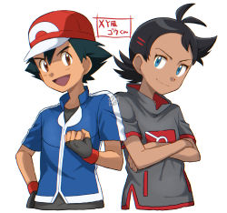 Rule 34 | 2boys, :d, antenna hair, ash ketchum, black hair, blue eyes, blue jacket, brown eyes, closed mouth, commentary request, creatures (company), crossed arms, eyelashes, fingerless gloves, game freak, gloves, goh (pokemon), grey shirt, hand on own hip, jacket, male focus, multiple boys, nintendo, open mouth, pokemon, pokemon (anime), pokemon journeys, pokemon xy (anime), shirt, short sleeves, smile, tongue, translation request, ze (0enmaitake)