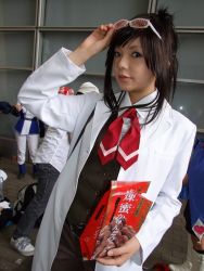 Rule 34 | 1boy, 4girls, ace attorney, apollo justice ace attorney, asian, bag, black hair, blue eyes, capcom, color contacts, cosplay, dutch angle, ema skye, ema skye (cosplay), eyewear on head, handbag, lab coat, long hair, looking at viewer, multiple girls, namada, outdoors, photo (medium), solo focus, sunglasses, trucy wright, trucy wright (cosplay), vest
