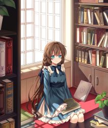 Rule 34 | 1girl, absurdres, black socks, blue eyes, blue ribbon, book, book stack, bookshelf, bow, braid, brown hair, commentary request, dress, frilled dress, frills, green dress, hair ribbon, hara (xper8243), highres, huge filesize, indoors, kneehighs, long hair, long sleeves, looking at viewer, open window, original, plant, potted plant, ribbon, sitting, sleeves past wrists, socks, solo, wide sleeves, window