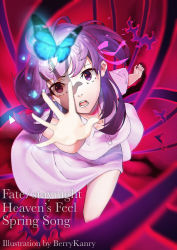 Rule 34 | 1girl, absurdres, artist name, berrykanry, blurry, blurry foreground, bug, butterfly, copyright name, dress, fate/stay night, fate (series), floating hair, highres, insect, long hair, looking up, matou sakura, official alternate costume, open mouth, outstretched arm, outstretched hand, purple eyes, purple hair, short sleeves, solo, white dress