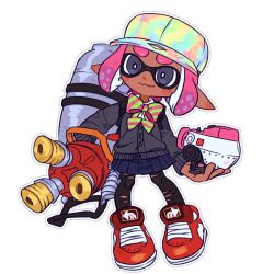 Rule 34 | 1girl, autobomb (splatoon), baseball cap, black pants, bow, bowtie, commentary request, dark-skinned female, dark skin, full body, green bow, green bowtie, grey eyes, grey sweater, hat, highres, holding, holding weapon, hydra splatling (splatoon), ikki (gsl 9708), inkling, inkling girl, inkling player character, korean commentary, multicolored clothes, multicolored hat, nintendo, pants, pink bow, pink bowtie, pink hair, pleated skirt, pointy ears, red footwear, shoes, short hair, simple background, skirt, solo, splatoon (series), splatoon 3, sweater, thick eyebrows, torn clothes, torn pants, two-tone bowtie, weapon, white background