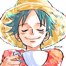 Rule 34 | 1boy, ^ ^, black hair, close-up, closed eyes, commentary request, cup, furol nicoco, hat, highres, holding, holding cup, male focus, monkey d. luffy, one piece, red shirt, shirt, short hair, signature, simple background, solo, straw hat, white background