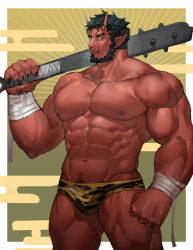 Rule 34 | 1boy, abs, absurdres, animal print, bandaged arm, bandages, bara, beard, black hair, briefs, bulge, club, club (weapon), colored skin, demon boy, facial hair, feet out of frame, highres, horns, kanabou, large pectorals, looking at viewer, male focus, male underwear, mature male, muscular, muscular male, navel, navel hair, neumo, nipples, oni, original, pectorals, pointy ears, print male underwear, red oni, red skin, setsubun, short hair, simple background, skin-covered horns, solo, spiked club, standing, stomach, tetsubo (weapon), thick eyebrows, thick thighs, thighs, tiger print, topless male, tusks, underwear, weapon, yellow male underwear