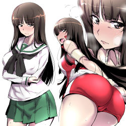 Rule 34 | 1girl, alternate costume, arm behind back, ass, bent over, black neckerchief, blouse, blunt bangs, blush, breast hold, breasts, brown eyes, brown hair, closed mouth, commentary, crossed arms, elbow pads, frown, girls und panzer, green skirt, half-closed eyes, large breasts, long hair, long sleeves, looking at viewer, mature female, miniskirt, multiple views, nakahira guy, neckerchief, nishizumi shiho, ooarai school uniform, open mouth, pleated skirt, red shirt, red shorts, school uniform, serafuku, shirt, short shorts, shorts, simple background, single vertical stripe, skirt, sleeveless, sleeveless shirt, sportswear, standing, steam, straight hair, sweat, volleyball uniform, white background, white shirt