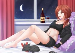 Rule 34 | 1girl, :d, alcohol, anger vein, animal, bare legs, bare shoulders, barefoot, bed, bed sheet, belt, black cat, black gloves, black jacket, black shirt, black shorts, blush, bottle, bow, breasts, brown eyes, brown hair, cat, cleavage, collarbone, controller, cork, crescent moon, cup, curtains, drink, drinking glass, eyebrows, closed eyes, fingerless gloves, frilled pillow, frills, fur, glass, gloves, hair tubes, indoors, jacket, kazenokaze, leaning, leaning back, liquid, long sleeves, low ponytail, midriff, moon, navel, nichijou, night, night sky, off shoulder, on bed, open clothes, open jacket, open mouth, original, pillow, pointy ears, ponytail, red bow, remote control, sakamoto (nichijou), shirt, shorts, sky, sleeping, sleeveless, sleeveless shirt, smile, solo, star (sky), starry sky, stomach, tank top, tareme, teeth, toes, transparent, window, windowsill, wine, wine bottle, wine glass