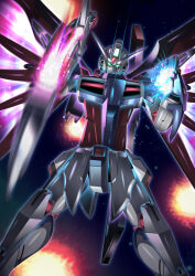 Rule 34 | commentary, destiny gundam spec ii, energy sword, energy wings, explosion, glowing, glowing eyes, glowing hand, green eyes, gundam, gundam seed, gundam seed freedom, highres, holding, holding sword, holding weapon, looking at viewer, mate (oktavia1121), mecha, mobile suit, no humans, robot, solo, sword, upper body, v-fin, weapon
