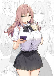 Rule 34 | 1boy, 3girls, black bow, black skirt, bow, breasts, brown eyes, brown hair, bubble tea, cellphone, collared shirt, commentary, cup, dress shirt, drinking straw, hair between eyes, highres, holding, holding cup, holding phone, kaori (sky-freedom), large breasts, long hair, looking at viewer, multiple girls, original, phone, pleated skirt, school uniform, shirt, skirt, sky-freedom, solo focus, tented shirt, white shirt