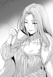 Rule 34 | 1girl, chemise, closed eyes, coat, collarbone, commentary request, copyright request, cup, fur-trimmed coat, fur trim, highres, holding, holding cup, long hair, monochrome, official art, open mouth, sakiyamama, teacup, upper body