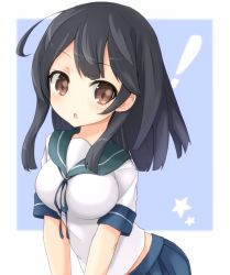 Rule 34 | !, 10s, 1girl, :o, ahoge, bad id, bad pixiv id, black hair, blue background, blue skirt, breasts, brown hair, kantai collection, large breasts, neckerchief, open mouth, parted lips, pleated skirt, rateratte, sailor collar, school uniform, serafuku, shirt, short sleeves, simple background, skirt, solo, ushio (kancolle), white shirt