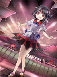 Rule 34 | 1girl, black hair, bow, bracelet, grey horns, horns, jewelry, kijin seija, looking at viewer, multicolored hair, nano (mianhua maoqiu), open mouth, red eyes, red hair, sandals, solo, standing, touhou